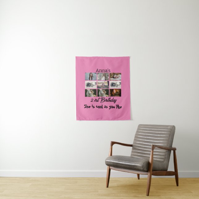 Modern 21st Birthday personalized 9 Photo Collage Tapestry (In Situ)