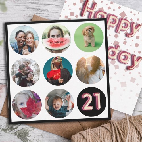 Modern 21st Birthday Photo Collage  Balloon Text  Holiday Card