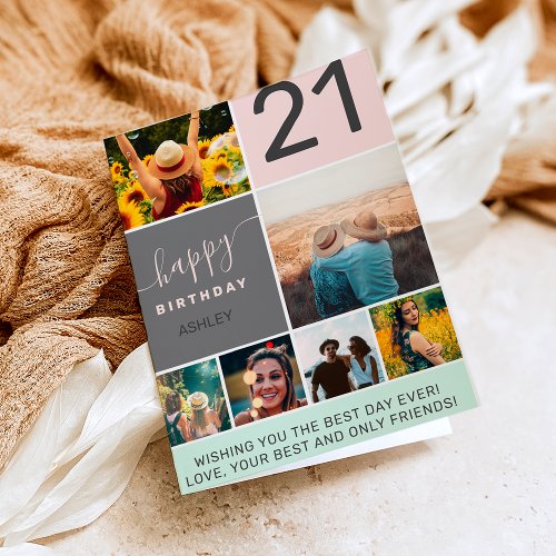 Modern 21st birthday pink 6 photo collage grid card