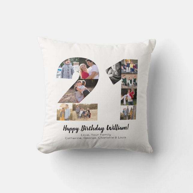 Modern 21st Number Photo Collage Custom Greeting Throw Pillow (Front)