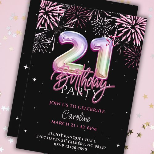 Modern 21st Pink Foil Balloon Fireworks Birthday Invitation