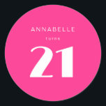 Modern 21st Twenty One Hot Pink Birthday Party Classic Round Sticker<br><div class="desc">Custom 21st birthday party bright pink stickers,  perfect for girls twenty first birthday party celebrations.  Customize with your own name.  Colors can be edited in the design tool. Please use the message me button below for help with further customization and special requests.  © Zoe Chapman Design</div>
