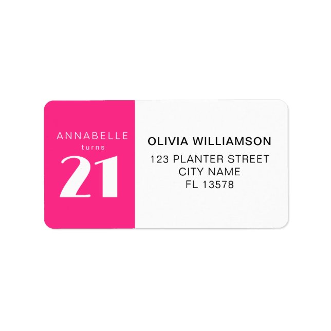 Modern 21st Twenty One Hot Pink Birthday Party Label (Front)