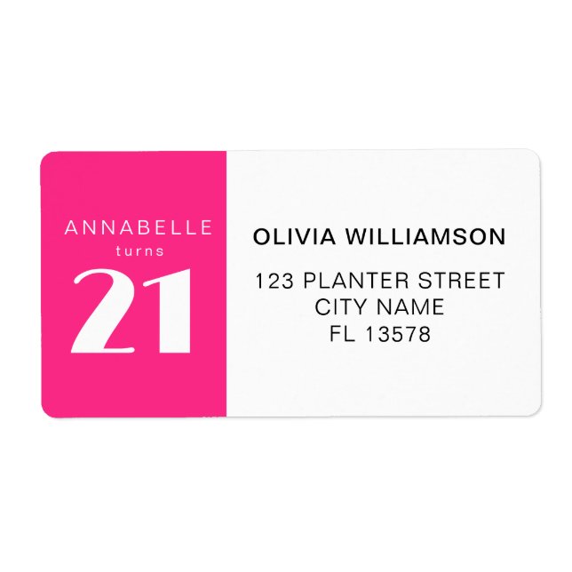 Modern 21st Twenty One Hot Pink Birthday Party Label (Front)