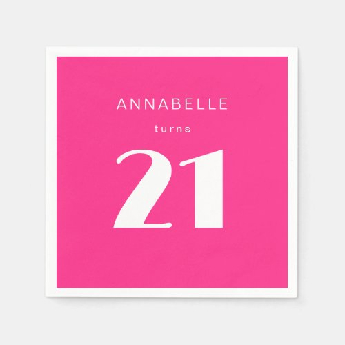 Modern 21st Twenty One Hot Pink Birthday Party Napkins