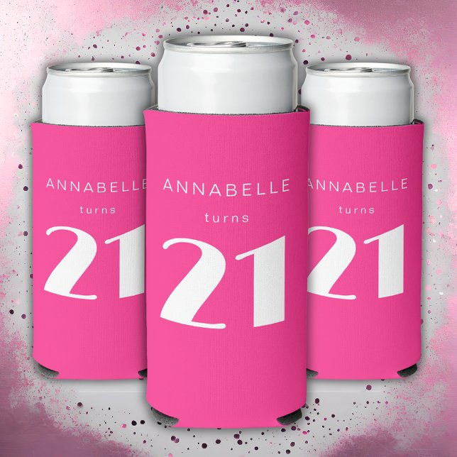 Modern 21st Twenty One Hot Pink Birthday Party Seltzer Can Cooler (Hot pink custom can coolers for girls 21st birthday party celebrations and party decor. )