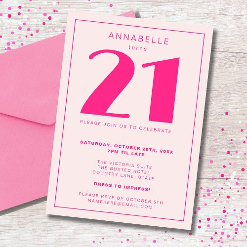 Modern 21st Twenty One Pink Birthday Party Invitation
