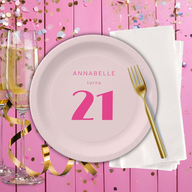 Modern 21st Twenty One Pink Birthday Party Paper Plates (Blush pink custom paper plates for girls 21st birthday party celebrations and party decor.)