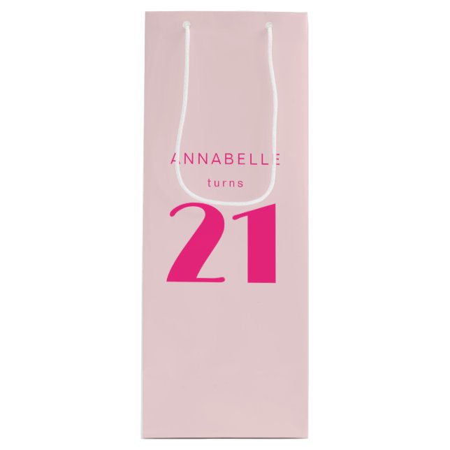 Modern 21st Twenty One Pink Birthday Party Wine Gift Bag (Front)