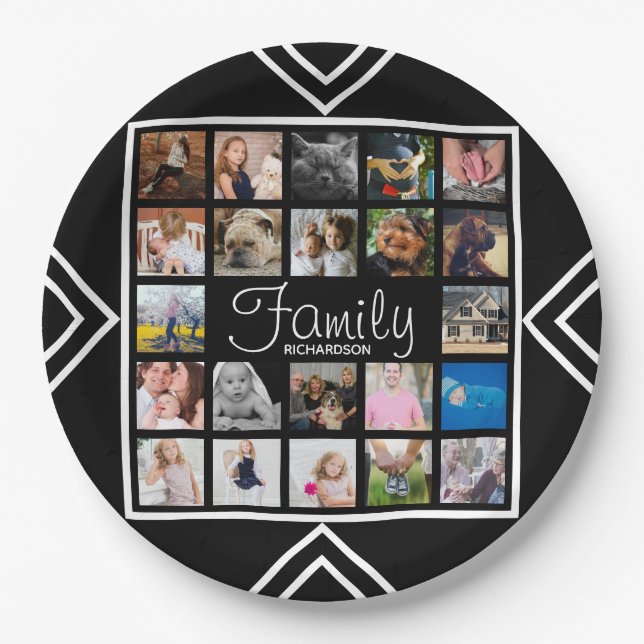 Modern 22 Family Photo Collage & Name Paper Plates (Front)