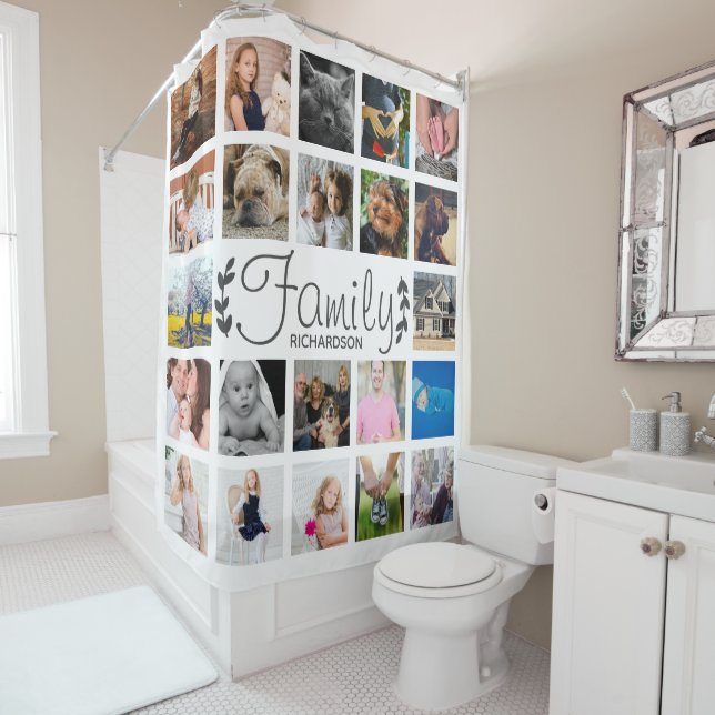 Modern 22 Family Photo Collage & Name Shower Curta Shower Curtain (In Situ)