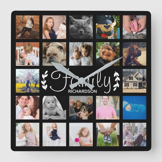 Modern 22 Family Photo Collage & Name Square Wall Clock (Front)