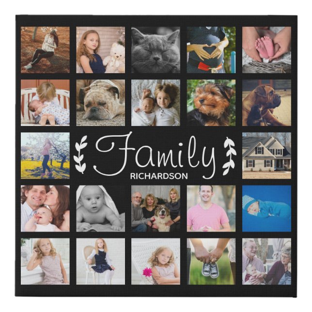 Modern 22 Photo Collage Family Name Faux Canvas Print (Front)