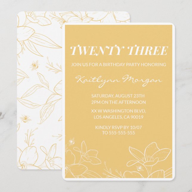 Modern 23rd birthday invitations Floral Yellow (Front/Back)