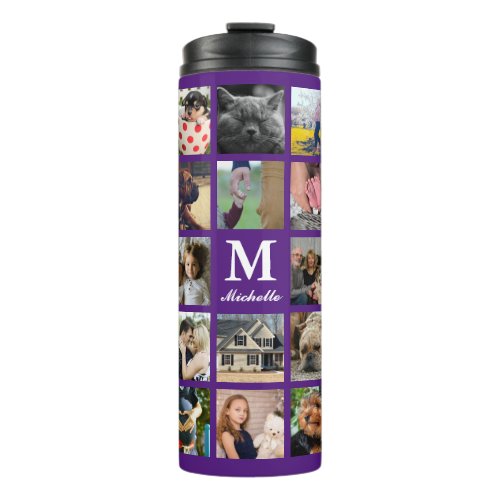 Modern 24 Family Photo Collage with Initial  Name Thermal Tumbler
