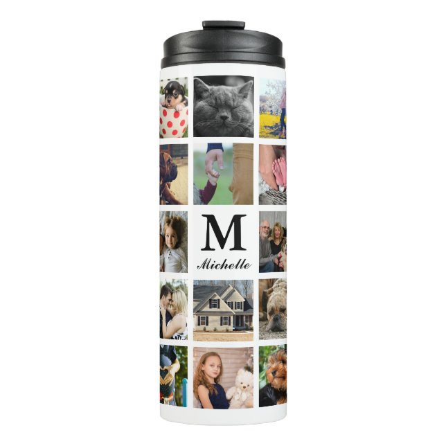 Modern 24 Family Photo Collage with Initial & Name Thermal Tumbler (Front)