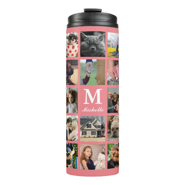 Modern 24 Family Photo Collage with Initial & Name Thermal Tumbler (Front)