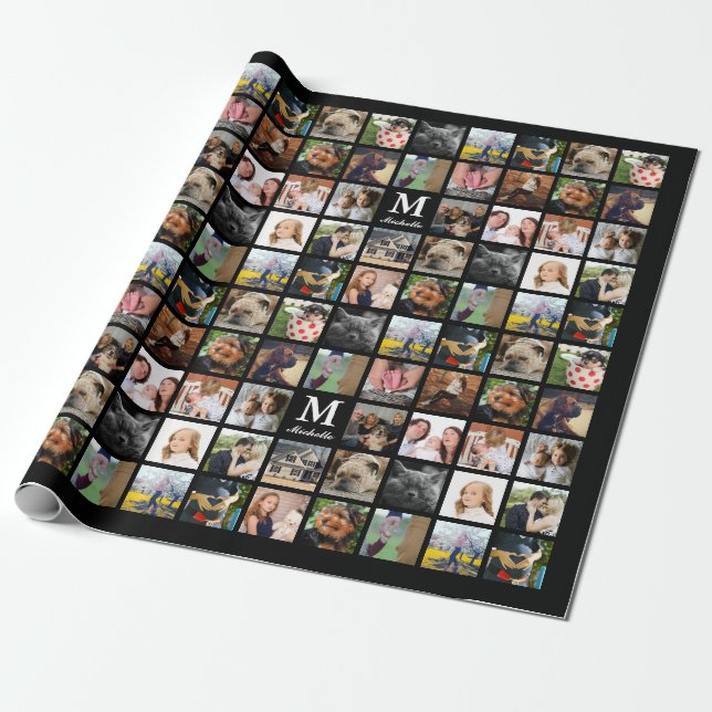 Modern 24 Family Photo Collage with Initial & Name Wrapping Paper (Unrolled)