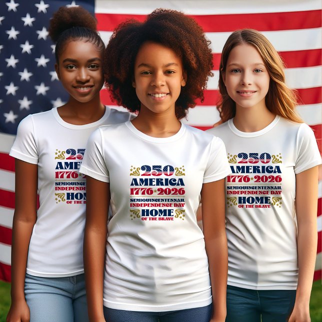 Modern 250th Anniversary of America 2026 T-Shirt Tri-Blend Shirt (Three American girls wearing the 250th American anniversary t-shirt designed by The American Family.)