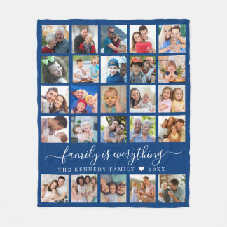 Modern 25 Photo Collage Quote Family Name Blue Fleece Blanket