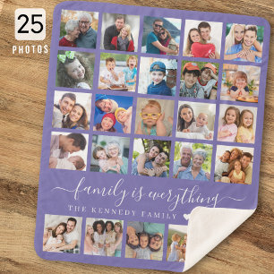 Modern 25 Photo Collage Quote Family Name Purple Sherpa Blanket