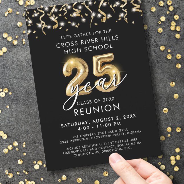 Modern 25 Year Class Reunion Black Gold Streamers Invitation (Creator Uploaded)