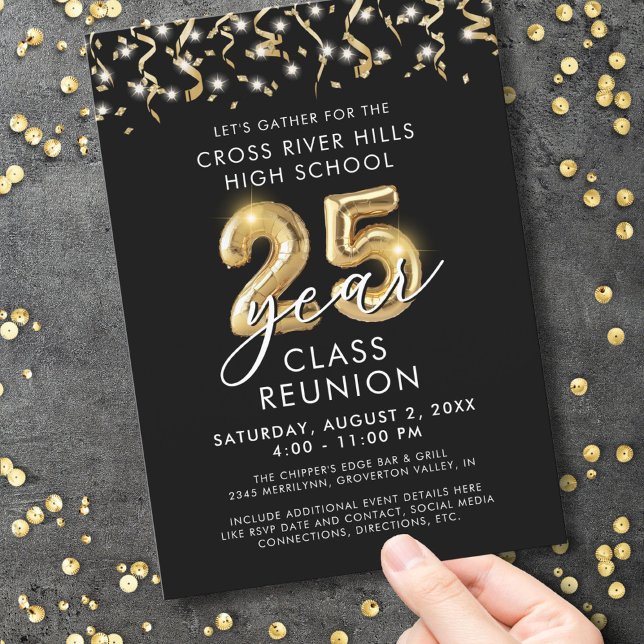 Modern 25 Year Class Reunion Black Gold Streamers Invitation (Creator Uploaded)