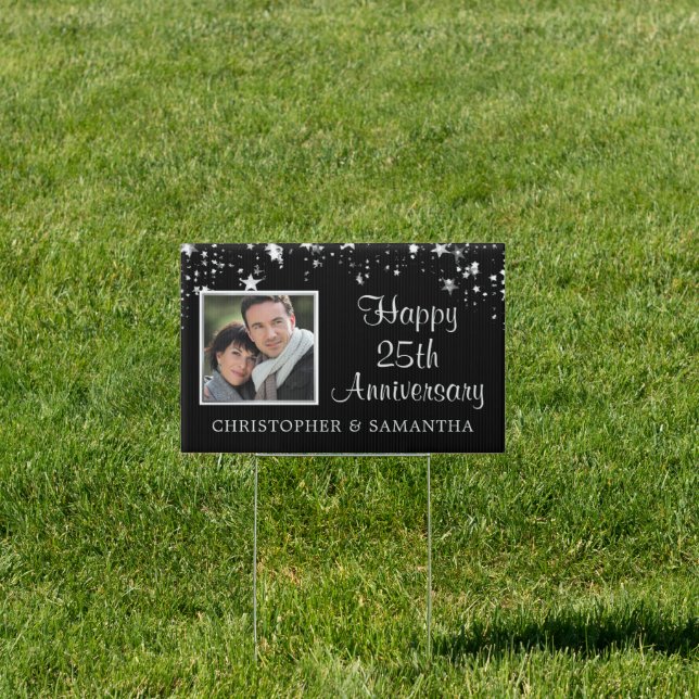 Modern 25th Anniversary Photo Black Silver Stars Sign (Insitu)