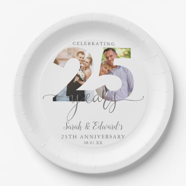 Modern 25th Wedding Anniversary 2 Photo Paper Plates (Front)