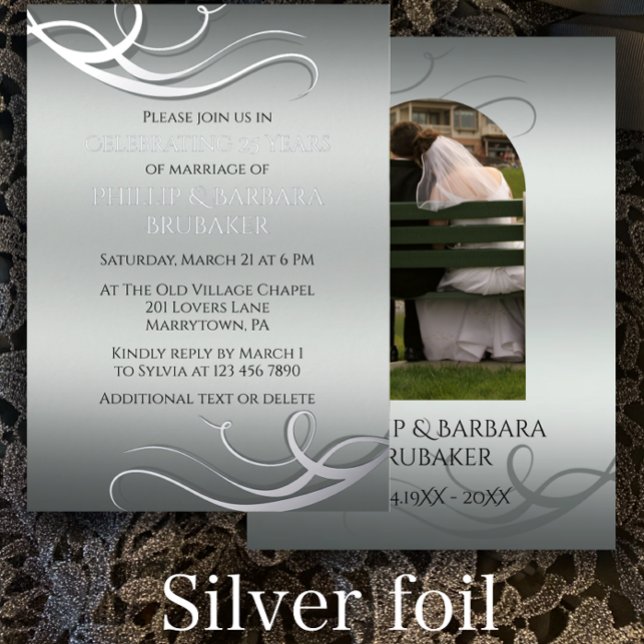 Modern 25th Wedding Anniversary Arch Photo Silver Foil Invitation (Customize this elegant stylish silver foil 25th wedding anniversary party invitation with arch photo)