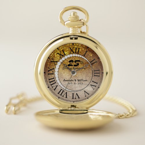 Modern 25th Wedding Anniversary Gold Glitter Chic Pocket Watch