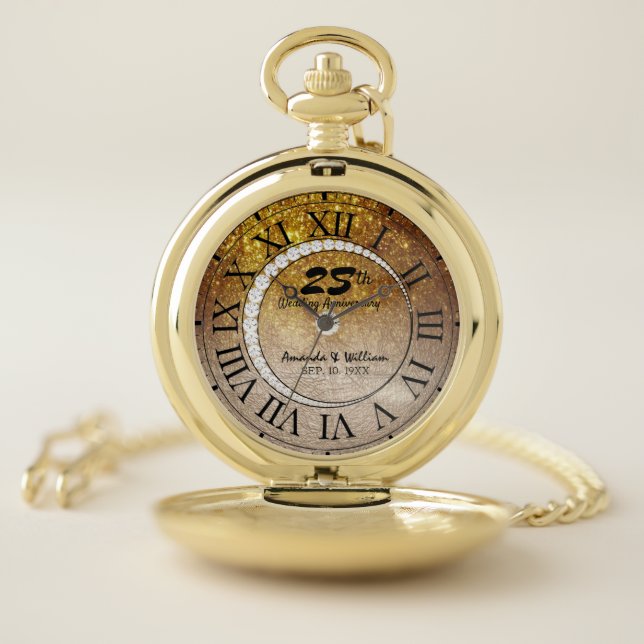 Modern 25th Wedding Anniversary Gold Glitter Chic Pocket Watch (Inside)
