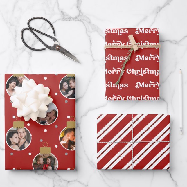 Modern 27-Photo Christmas Ornaments Red & White Wrapping Paper Sheets (Front)
