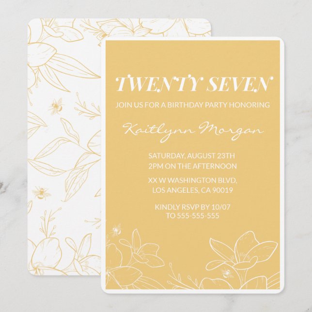 Modern 27th birthday invitations Floral Yellow (Front/Back)