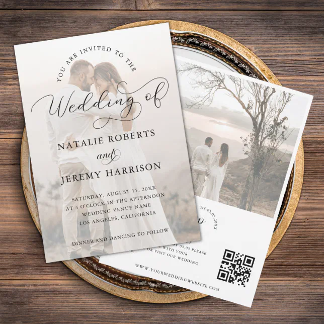 Modern 2 Faded Photo Script QR Code Casual Wedding Invitation | Zazzle