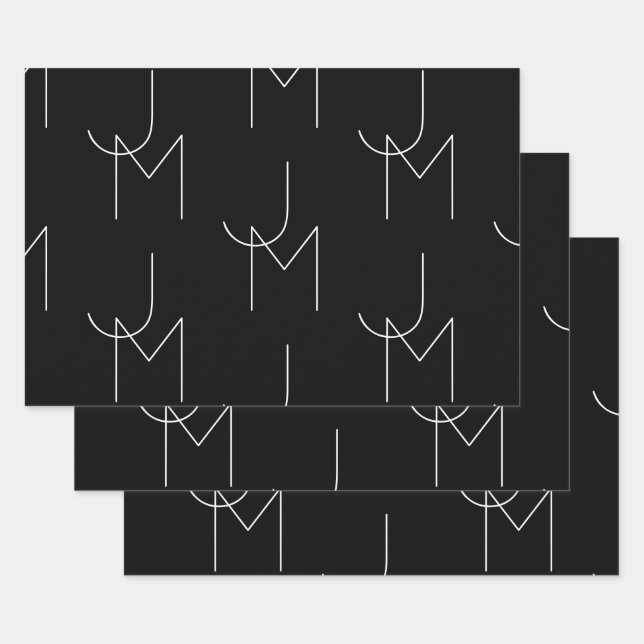 Modern 2 Initial Pattern | Black & White Wrapping Paper Sheets (Set)