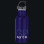 Modern 2 Initials and Name Small Blue Stainless Steel Water Bottle<br><div class="desc">Small navy blue metal water bottle with a simple and understated personalized printing with a gender-neutral name and monogram with 2 initial letters that you can edit to any fonts or colors to design a your own water bottle that's perfect for office,  sports,  school and home use.</div>