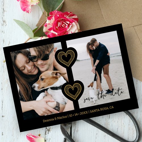 Modern 2 Multi Photos  2 Lace Hearts Black  Gold Save The Date