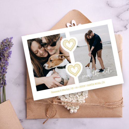 Modern 2 Multi Photos  2 Lace Hearts White  Gold Save The Date