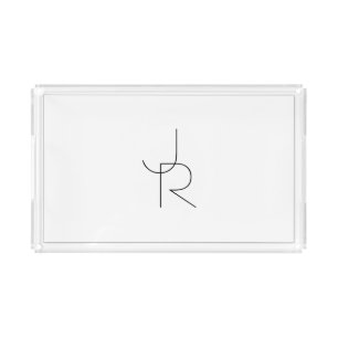 Modern 2 Overlapping Initials   Black on White Acrylic Tray
