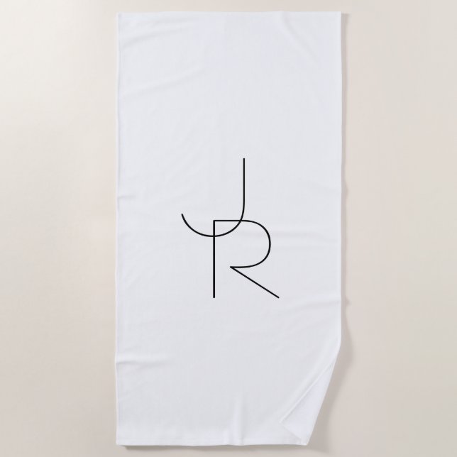 Modern 2 Overlapping Initials | Black on White Beach Towel (Front)