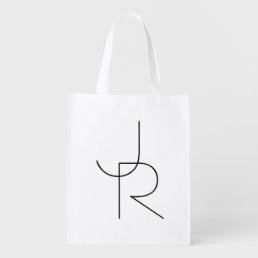 Modern 2 Overlapping Initials | Black on White Grocery Bag