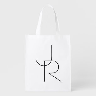 Modern 2 Overlapping Initials Black on White Grocery Bag