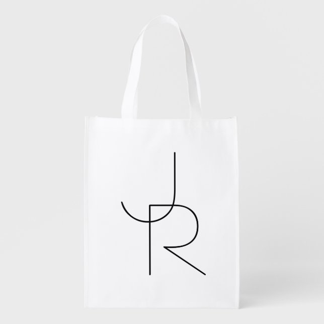Modern 2 Overlapping Initials | Black on White Grocery Bag (Front)