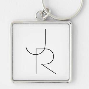 Modern 2 Overlapping Initials Black on White Keychain