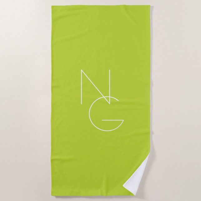 Modern 2 Overlapping Initials | Lime Green Beach Towel (Front)