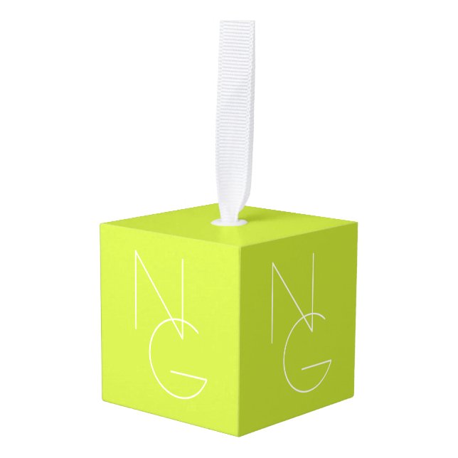 Modern 2 Overlapping Initials | Lime Green Cube Ornament (Front Angled)