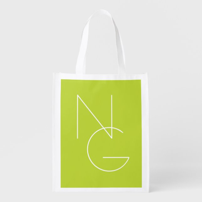Modern 2 Overlapping Initials | Lime Green Grocery Bag (Front)