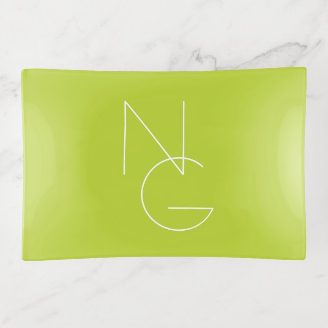 Modern 2 Overlapping Initials | Lime Green Trinket Tray (Front)