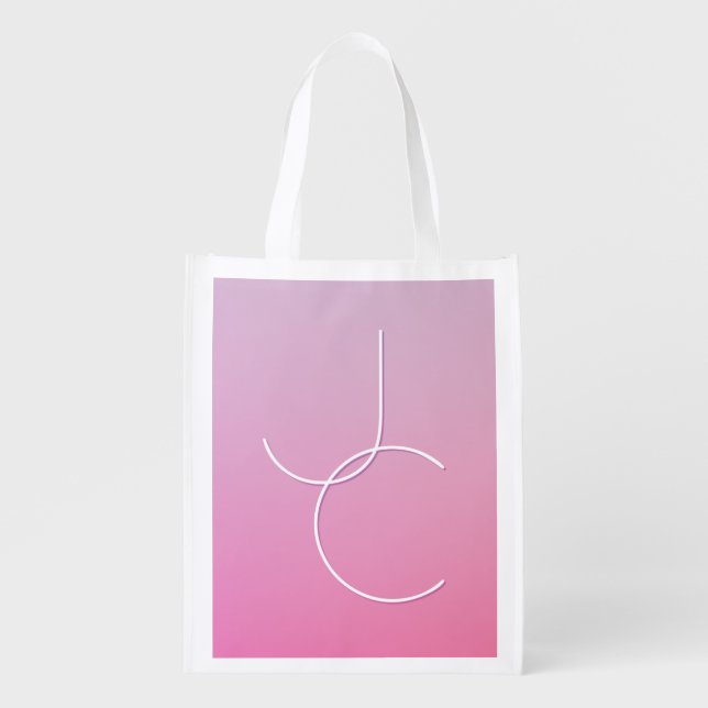 Modern 2 Overlapping Initials | Pink Ombre Grocery Bag (Front)